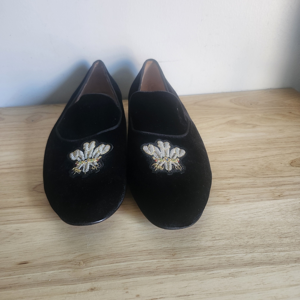 Black Velvet Loafers with Embroidered Design